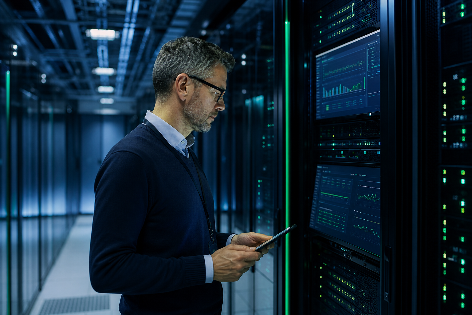 Engineers monitoring hosting infrastructure in a UK London data centre
