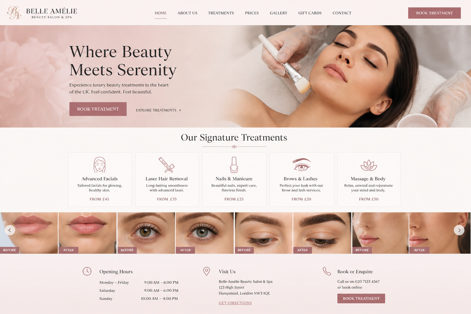 Beauty & salon — treatment menu, gallery, and online booking flow