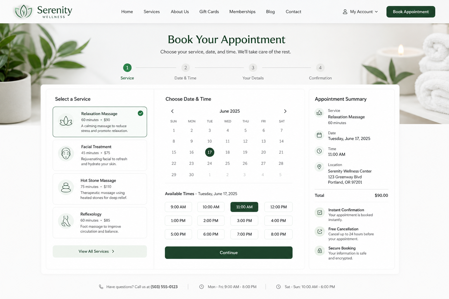 Custom booking app — availability calendar, service selection, and confirmation UX