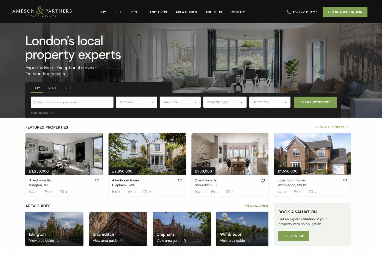 Estate agents — property search, featured listings, and valuation prompts