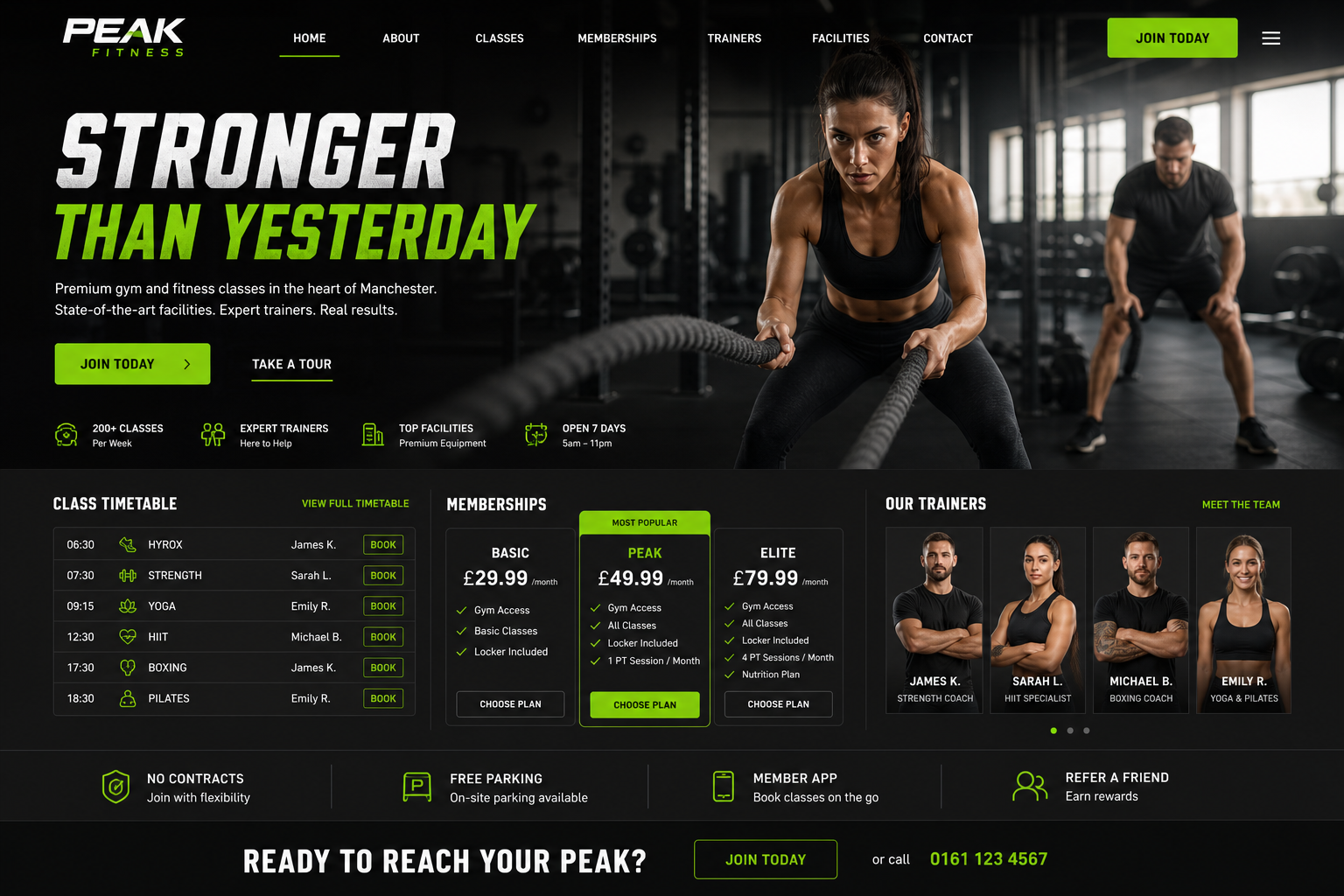 Fitness & wellness — class timetable, membership tiers, and motivation-led hero