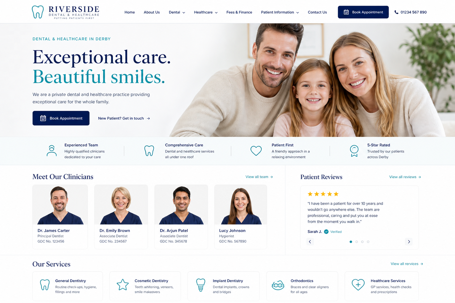 Healthcare & dental — appointment booking, clinician profiles, patient reassurance