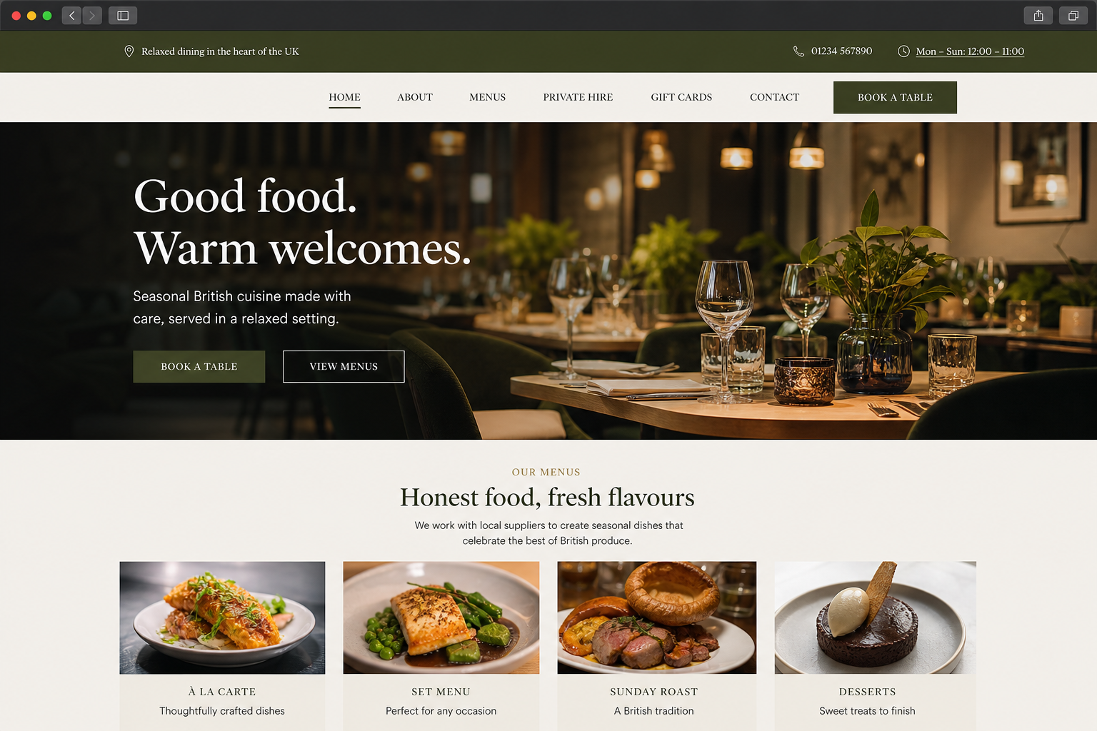 Restaurant & hospitality — menu highlights, booking, and atmosphere-led hero