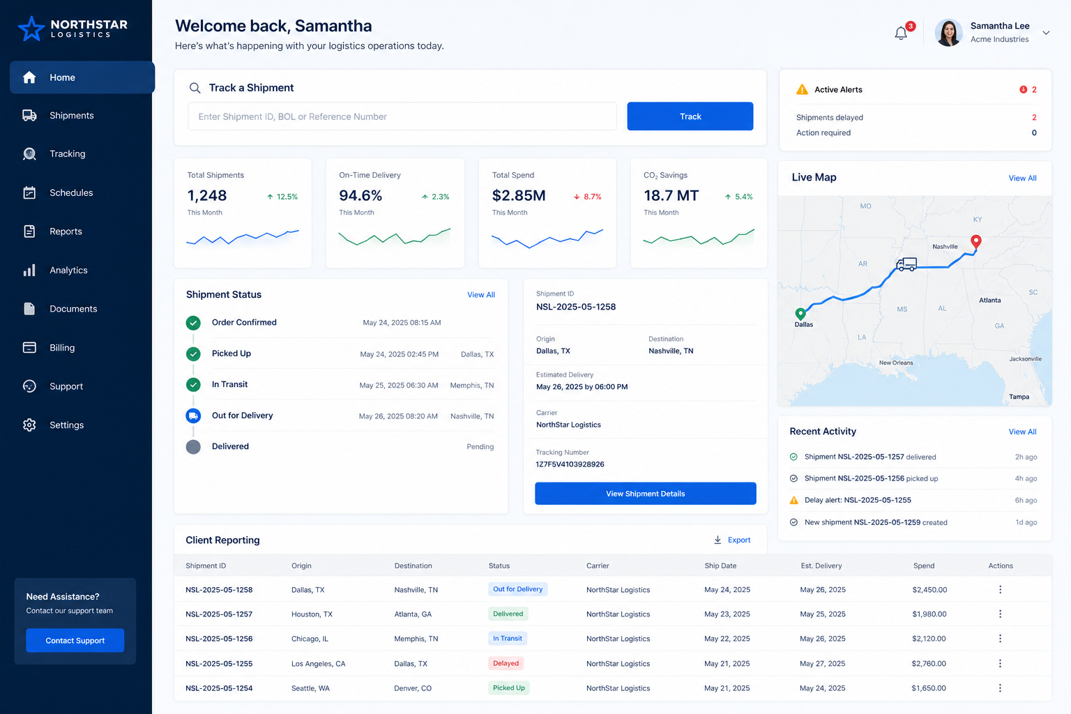 Logistics & operations — shipment tracking, status panels, and client reporting UI