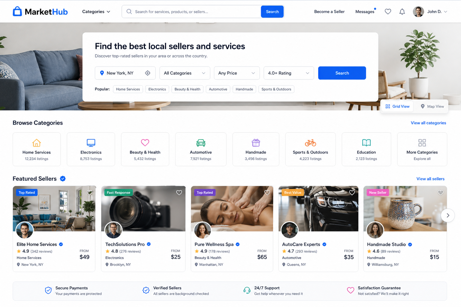 Marketplace platform — search, filters, seller profiles, and listing detail UX