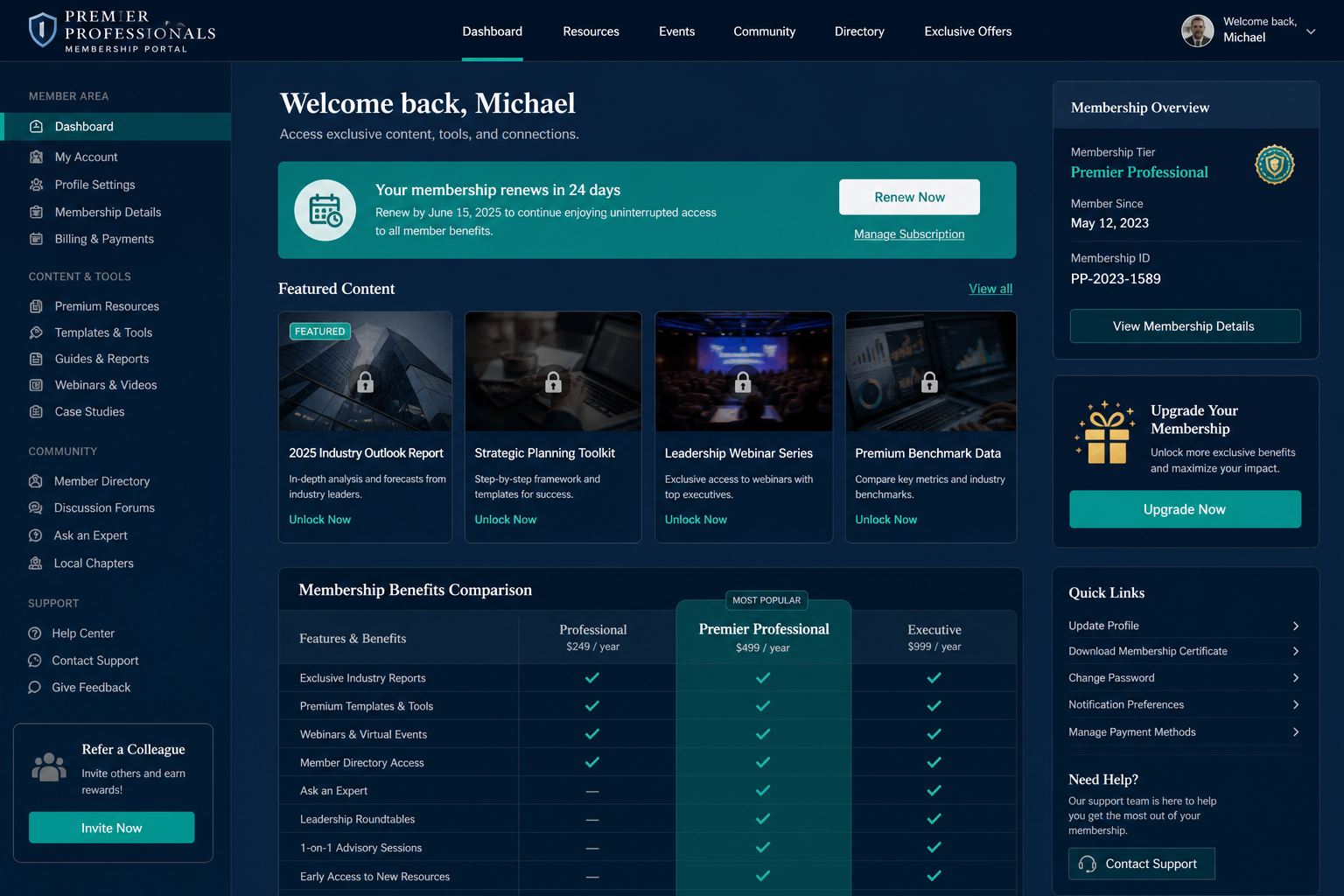 Membership portal — gated content, account dashboard, and renewal prompts