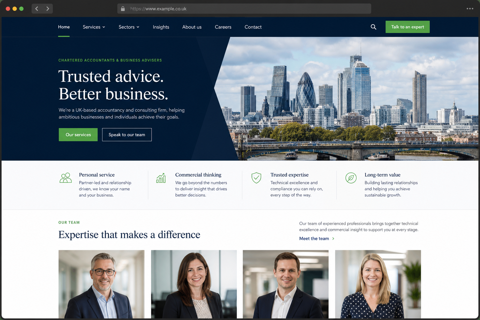 Professional services — clear positioning, credentials, and enquiry CTAs